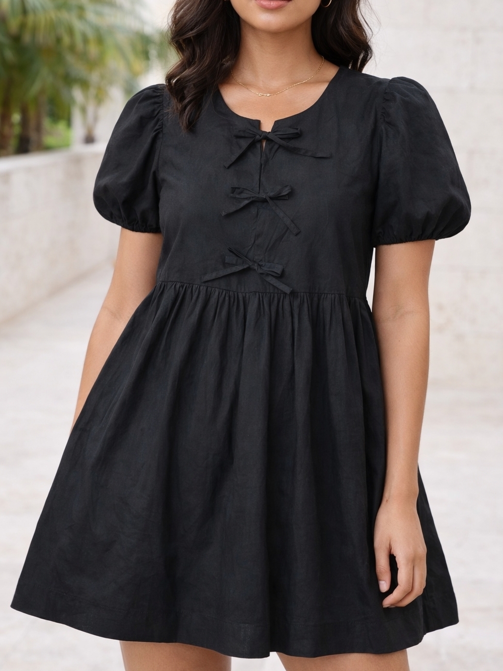 NWT Nicole Miller Black Puff Sleeve Tie-Front Dress, Sz Xlarge